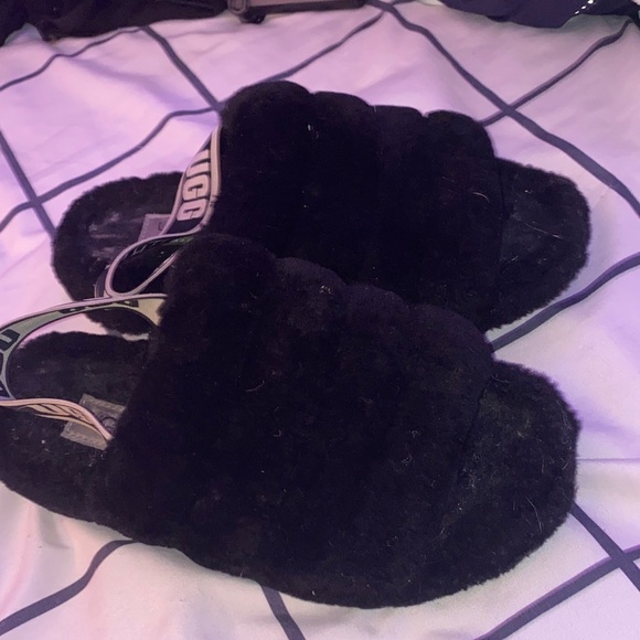 UGG Black Fluffy Slides with Logo Strap - Picture 2 of 6
